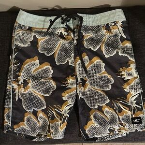 Men's Black and Gold Floral Board Shorts